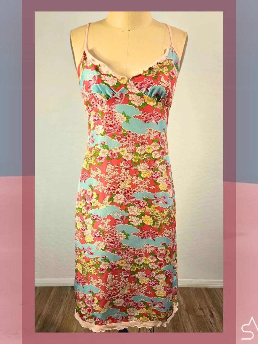 Beth Bowley Y2K Indie-Sleek Chinoiserie Silk Slip Dress Size M 6/8